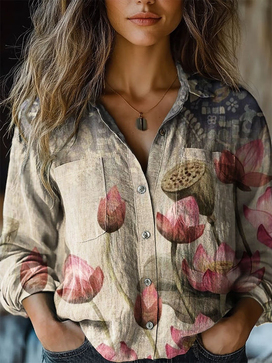 Women's Floral Art Print Casual Long Sleeve Comfortable Cotton Shirt