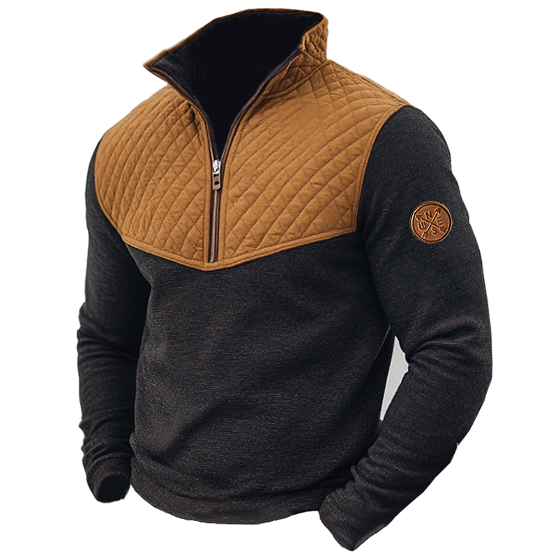 Men's Retro Quilted Patchwork Quarter Zip Collar Sweatshirt