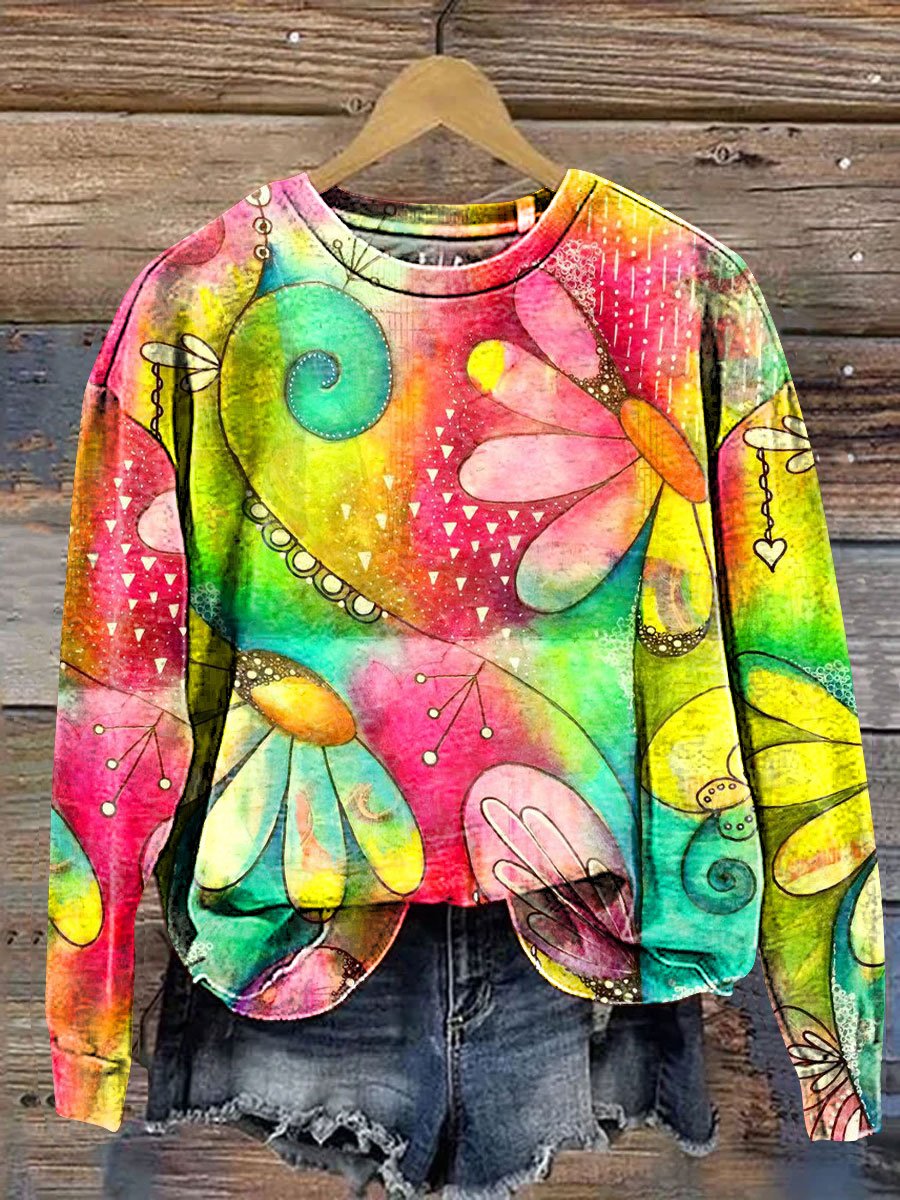 Bright Floral Art Print Casual Sweatshirt