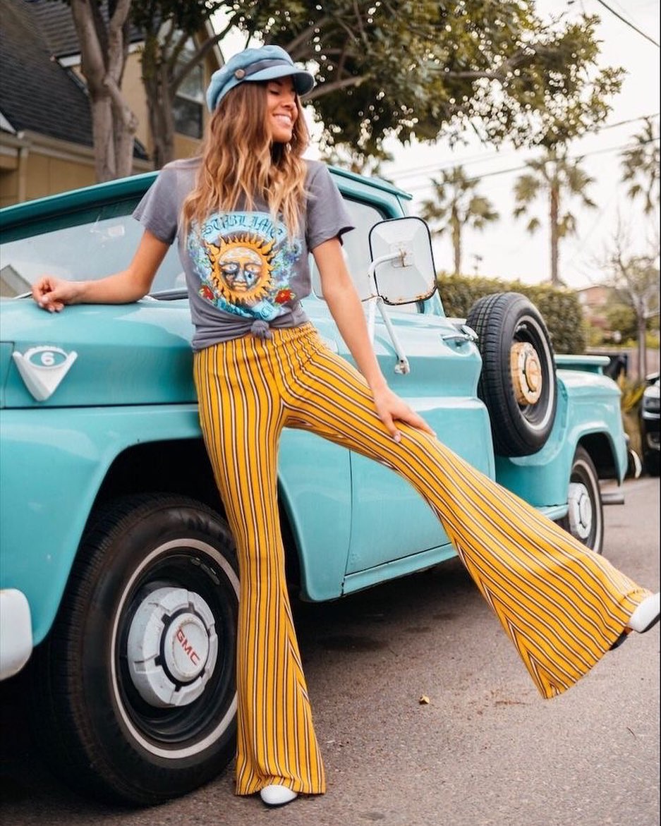 Bohemian Style Slim Fit Yellow Stripe Bell-Bottom Pants