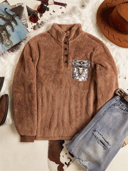 Men's Western Ethnic Chest Patch Pocket Button Front Casual Sweatshirt