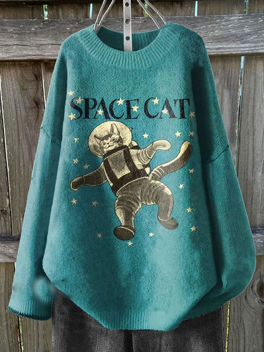 Retro Space Cat Art Print Knit Pullover Sweater