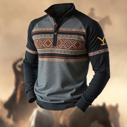 Men's Retro Yellowstone Ethnic Pattern Print Casual Henley Stand Collar Thin Sweatshirt