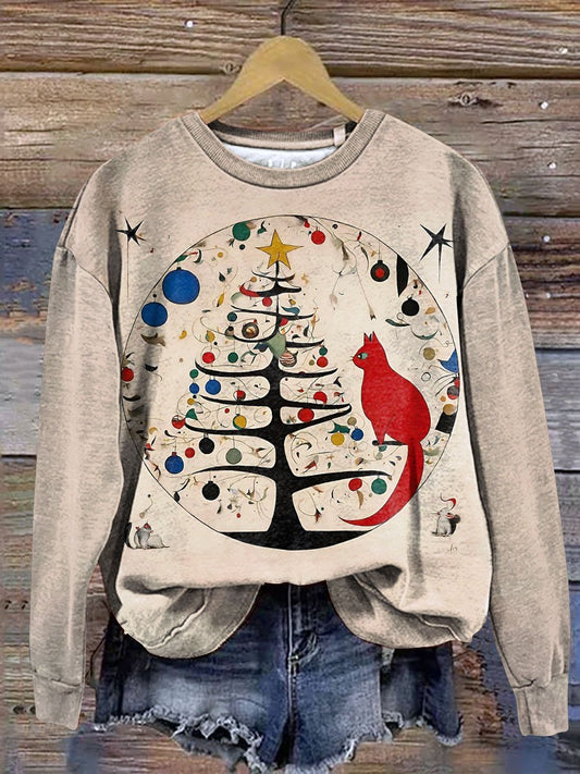 Vintage Christmas Funny Cat Art Print Casual Sweatshirt