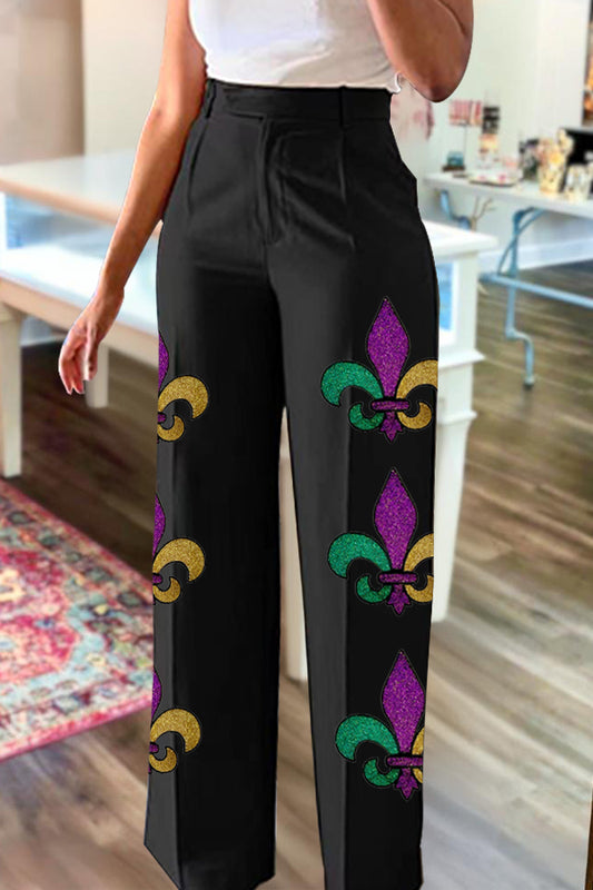 Shiny Mardi Gras Print Straight Pants