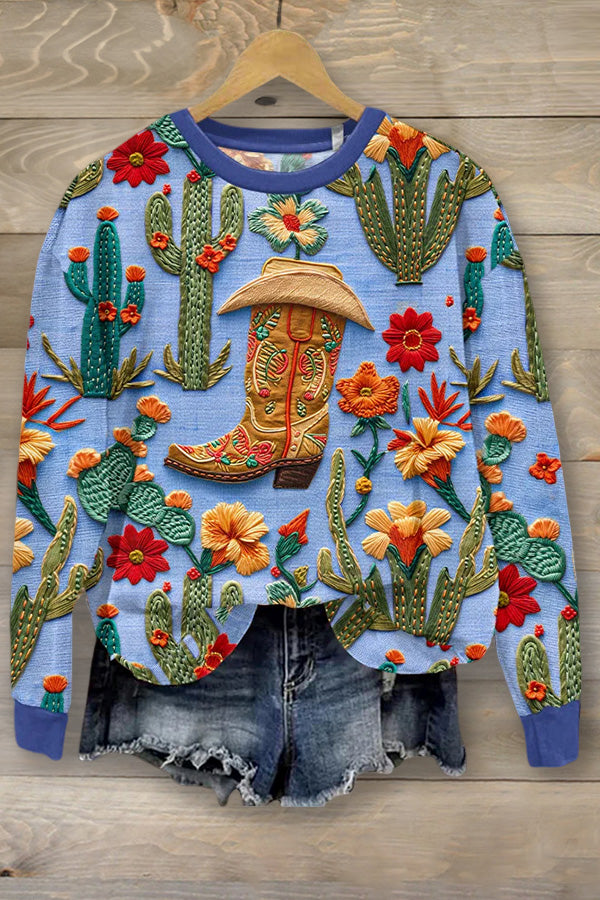 Vintage Western Boots Floral Art Printed Sweatshirt