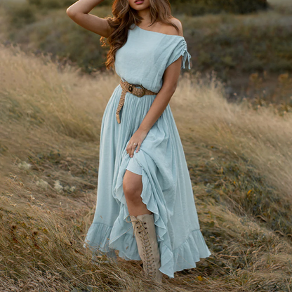 Ladies Vintage Western Style Cotton And Linen Sky Blue Rustic Boho Dress