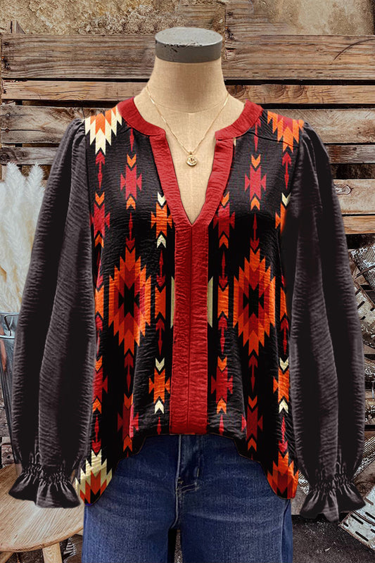 Unique Western Totem Print Puff Sleeve Blouse