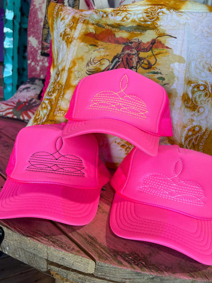 Boot Stitch Trucker Cap Hat in Neon Hot Pink