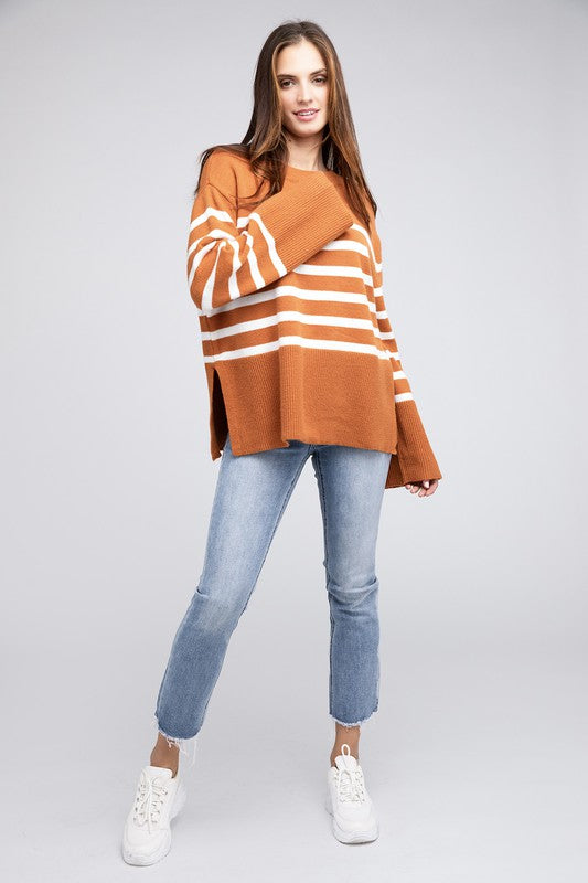 Ribbed Hem Stripe Sweater Rust or Black