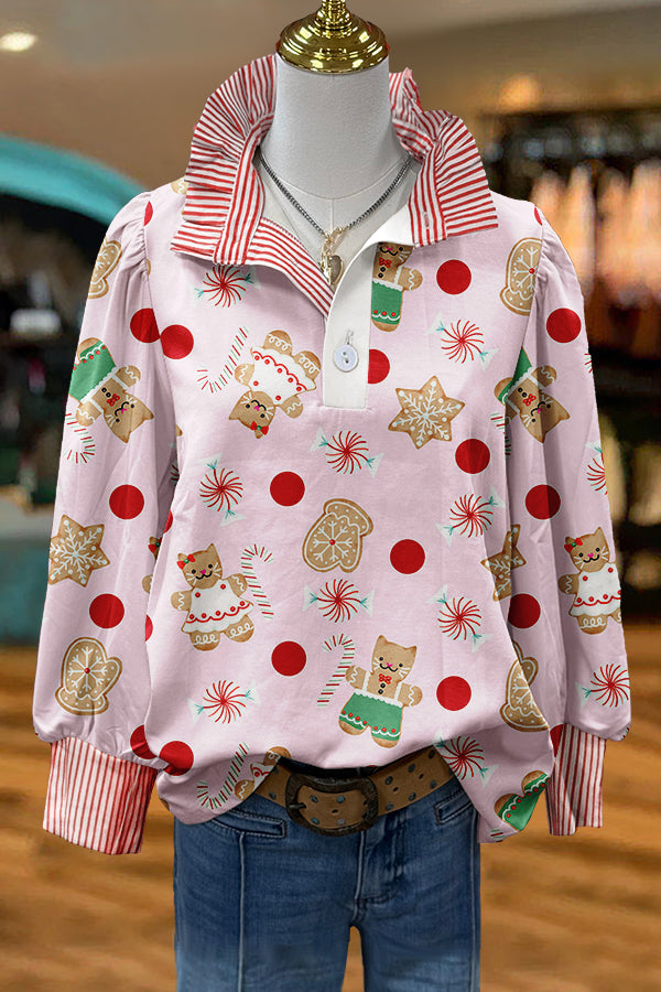 Sweet Christmas Gingerbread Cat Print Puff Sleeve Blouse