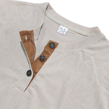 Solid Corduroy Stitching Button Up Round Neck Sweatshirt