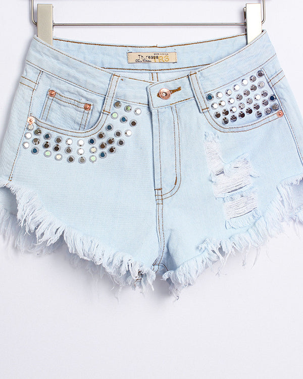 Distressed Rivets Irregular Whiskered Denim High-Waisted Shorts