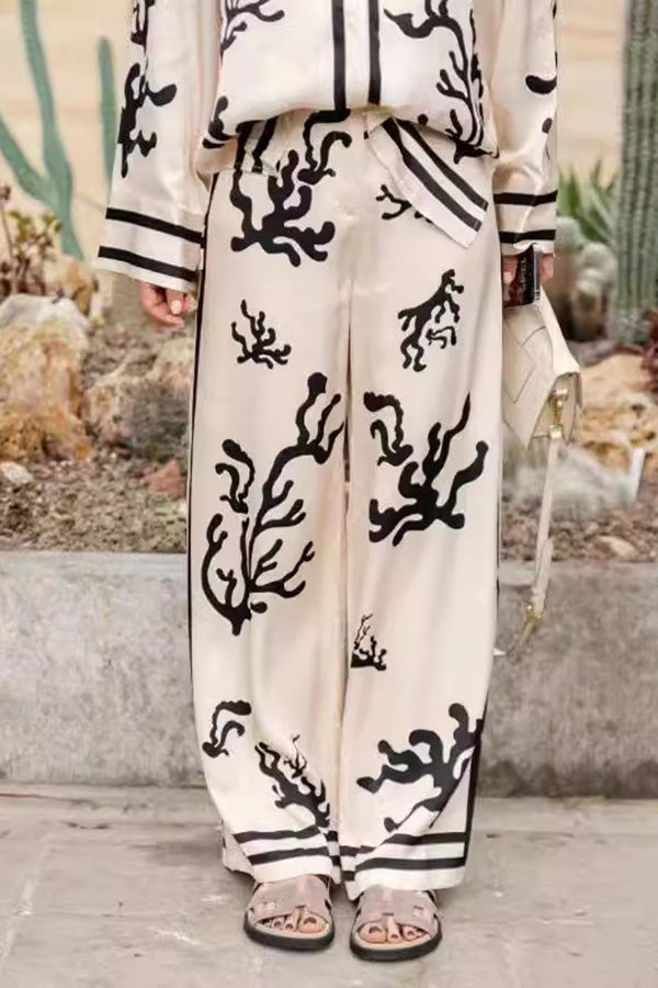 Fashion Floral Print Lapel Long Sleeve Wide Leg Sets