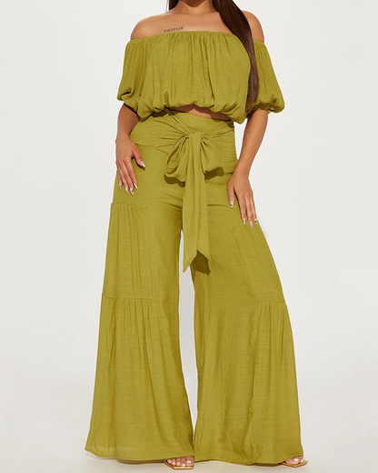 One-Shoulder Bubble Sleeve High-waist Trousers Sets