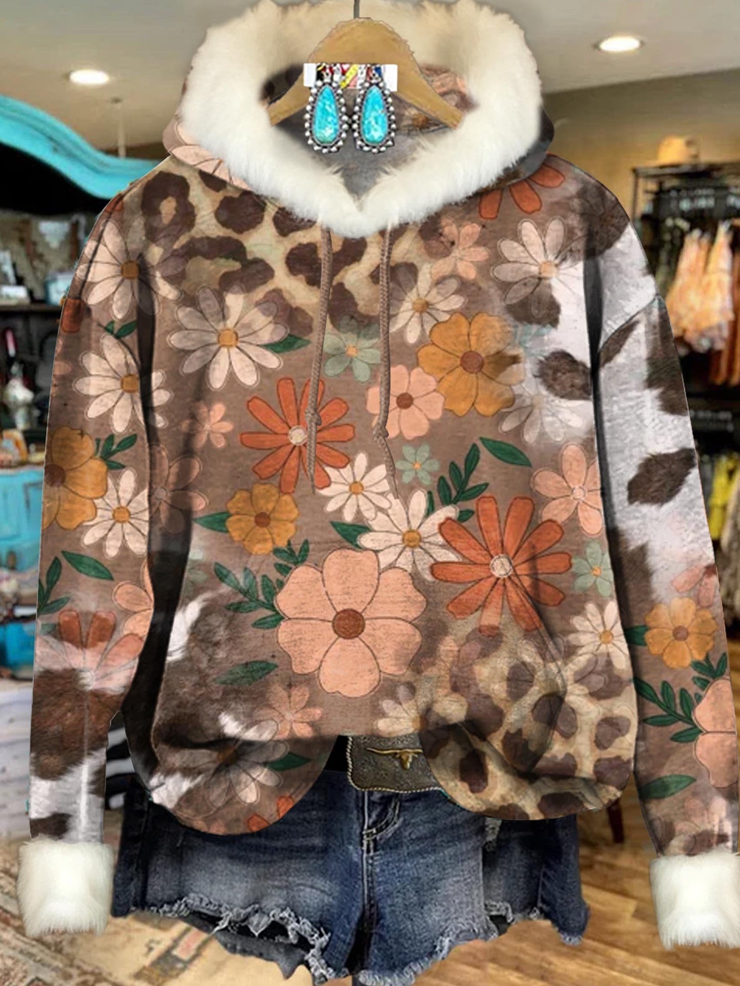 Vintage Leopard Floral Art Print Imitation Rabbit Fur Trim Casual Hoodie Sweatshirt