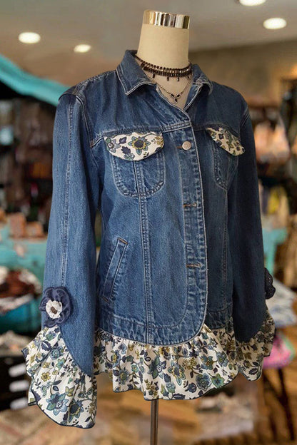 Floral Ruffle Patchwork Denim Jacket