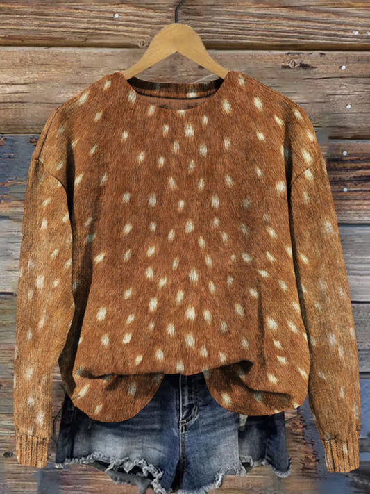 Soft Deer Hide Pattern Crew Neck Cozy Knit Sweater