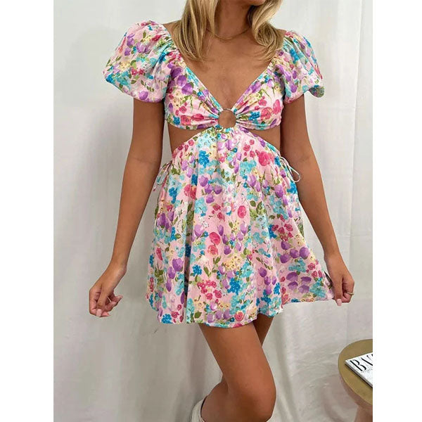 Cutout Colorful Flower Print Mini Dress