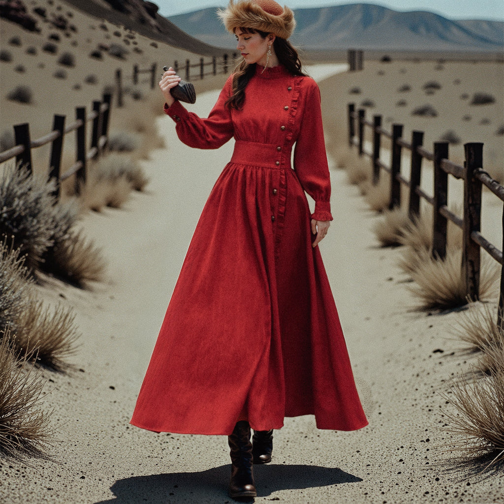 Ethnic Style Red Long Dress French Style Long Sleeve Dress