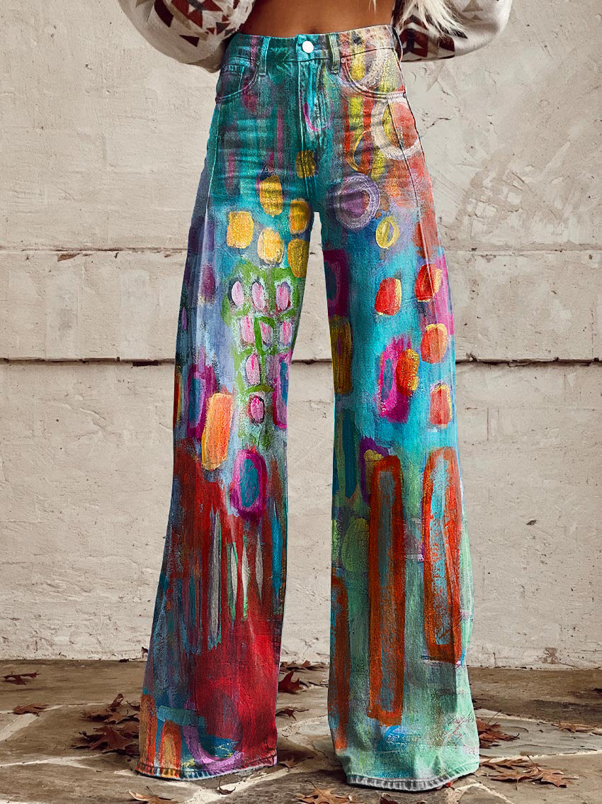 Women's Retro Geometric Abstract Art Print Wide Leg Pants