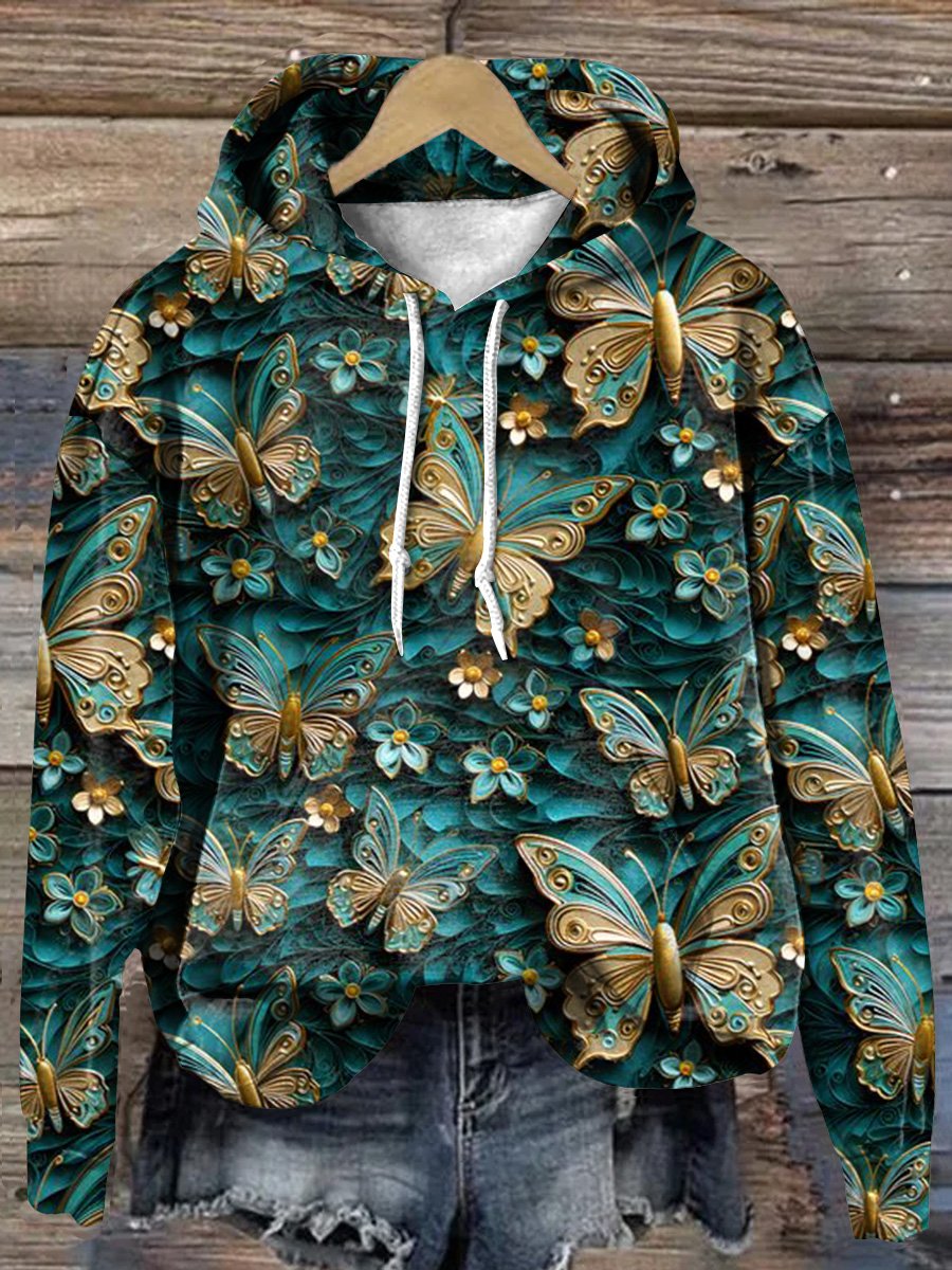 Retro Cyan Butterfly Art Print Casual Hoodie Sweatshirt