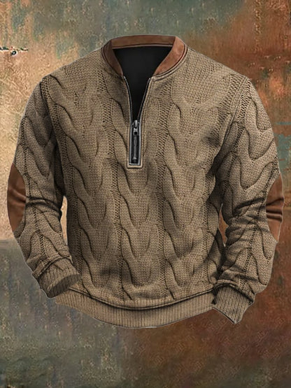 Men's Vintage Western Knit Print Zipper Stand Collar Casual Sweatshirt