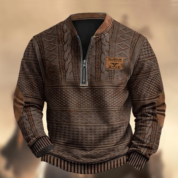 Men's Vintage Western Yellowstone Knit Print Zipper Stand Collar Casual Sweatshirt