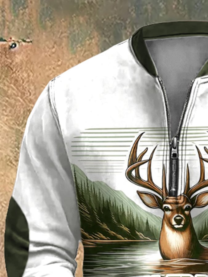 Men's Vintage Outdoor Deer Hunting Print Zip-Neck Sweatshirt