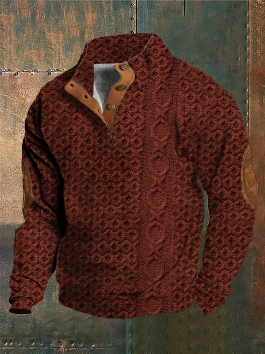 Men's Western Vintage Knitted Jacquard Print Stand Collar Button Sweatshirt