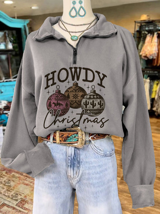 Howdy Christmas Print Casual Long Sleeve Zip Sweatshirt