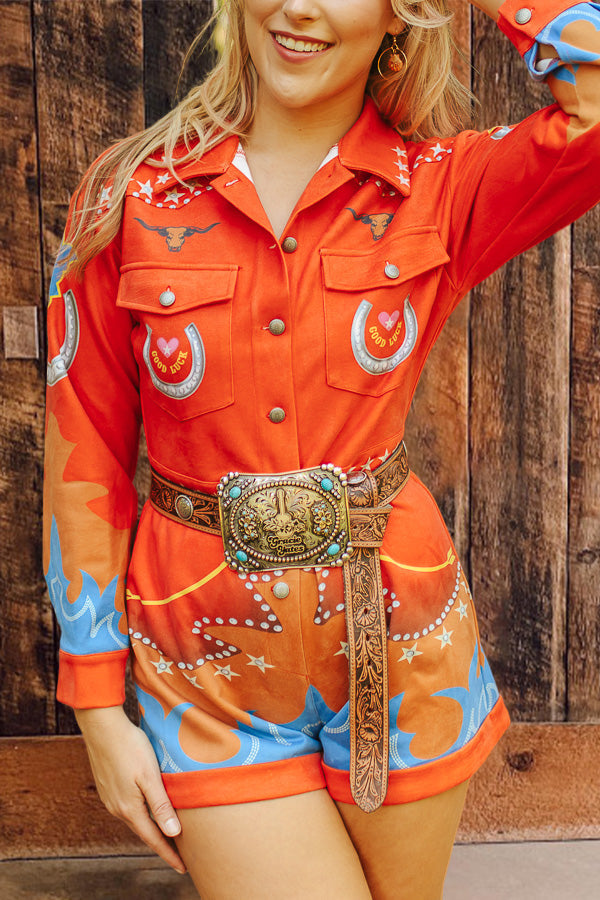 Vintage Western Printed Long Sleeve Romper