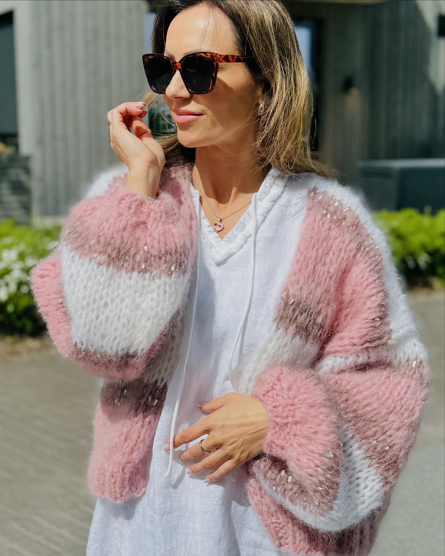 Loose Cardigan Pink and White Knitted Sweater