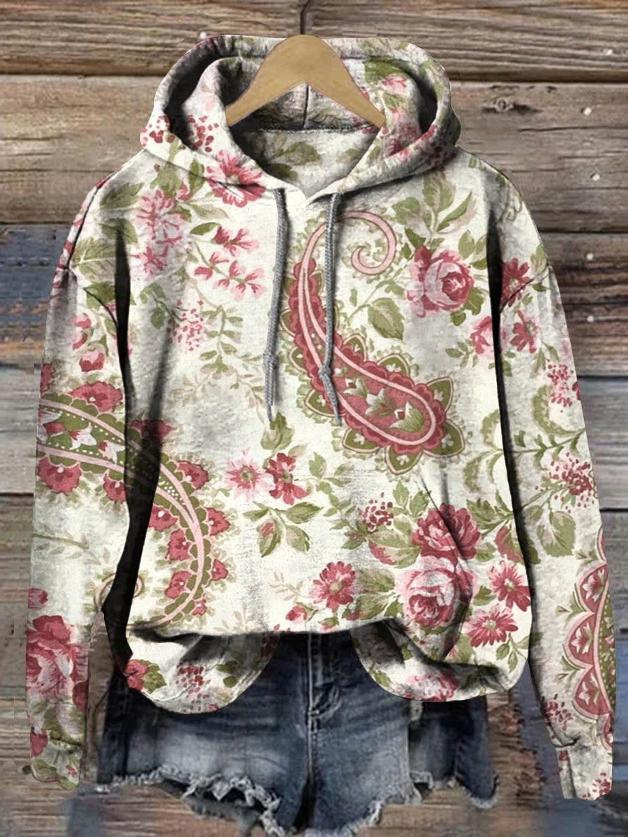 Women's Bohemian Paisley Flowers Art Print Casual Hooded Sweatshirt