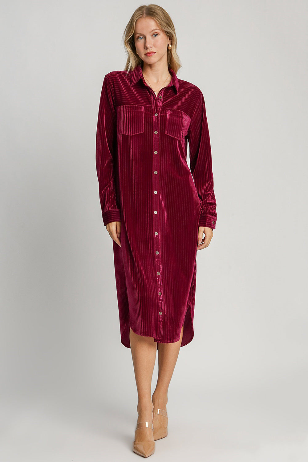 Umgee Texture Curved Hem Button Down Shirt Dress Duster