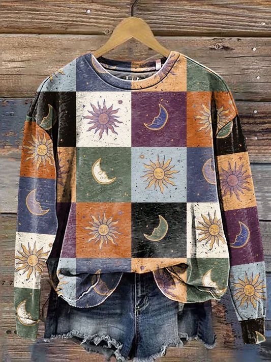 Colorblock Sun and Moon Art Print Casual Sweatshirt