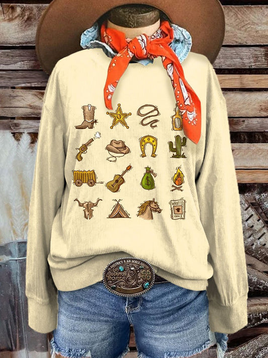 Women's Vintage Western Casual Print Corduroy Sweatshirt