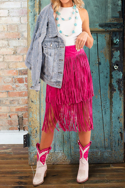 Vintage Layered Fringed Suede Skirt