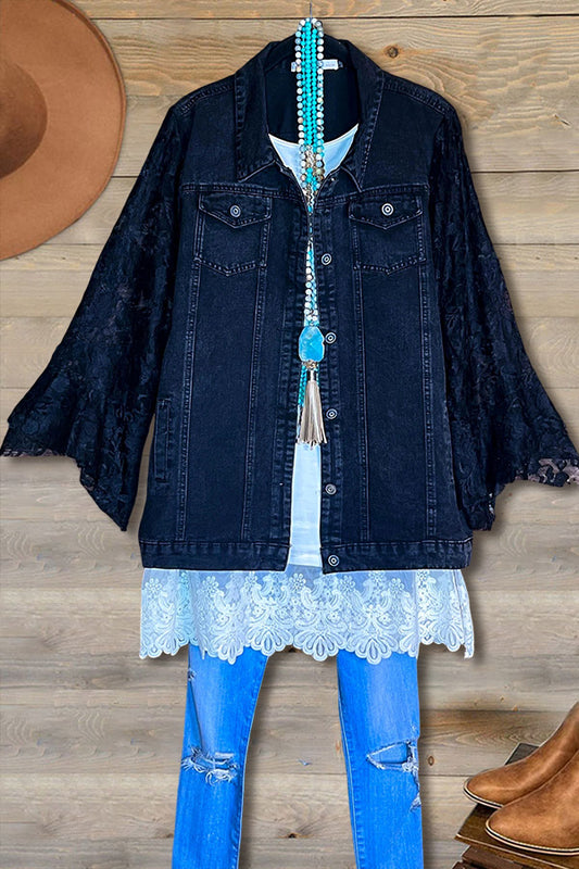 Lace Sleeve Paneled Denim Jacket