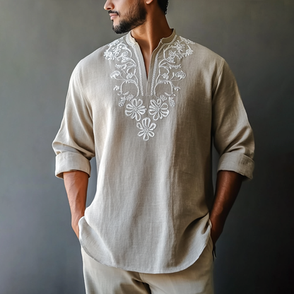 Men's Casual Vintage Cotton And Linen Long Sleeve Shirt