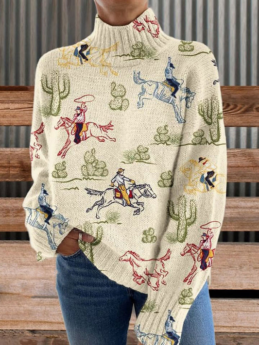 Vintage Western Cactus Rodeo Print Knit Turtleneck Pullover Sweater