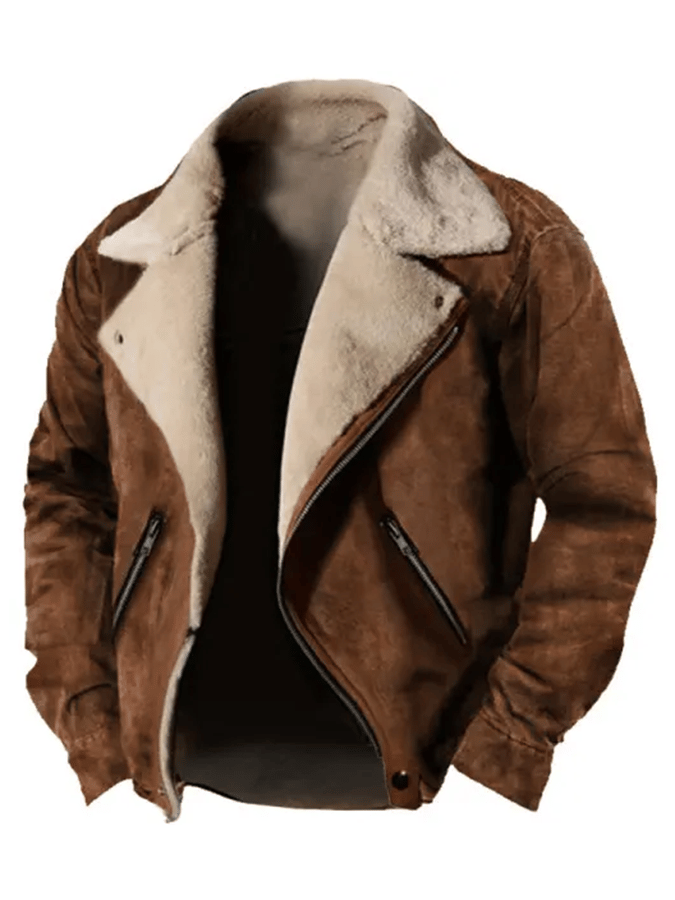 Men's Vintage Outdoor Suede Zip Pocket Plush Collar Warm Jacket