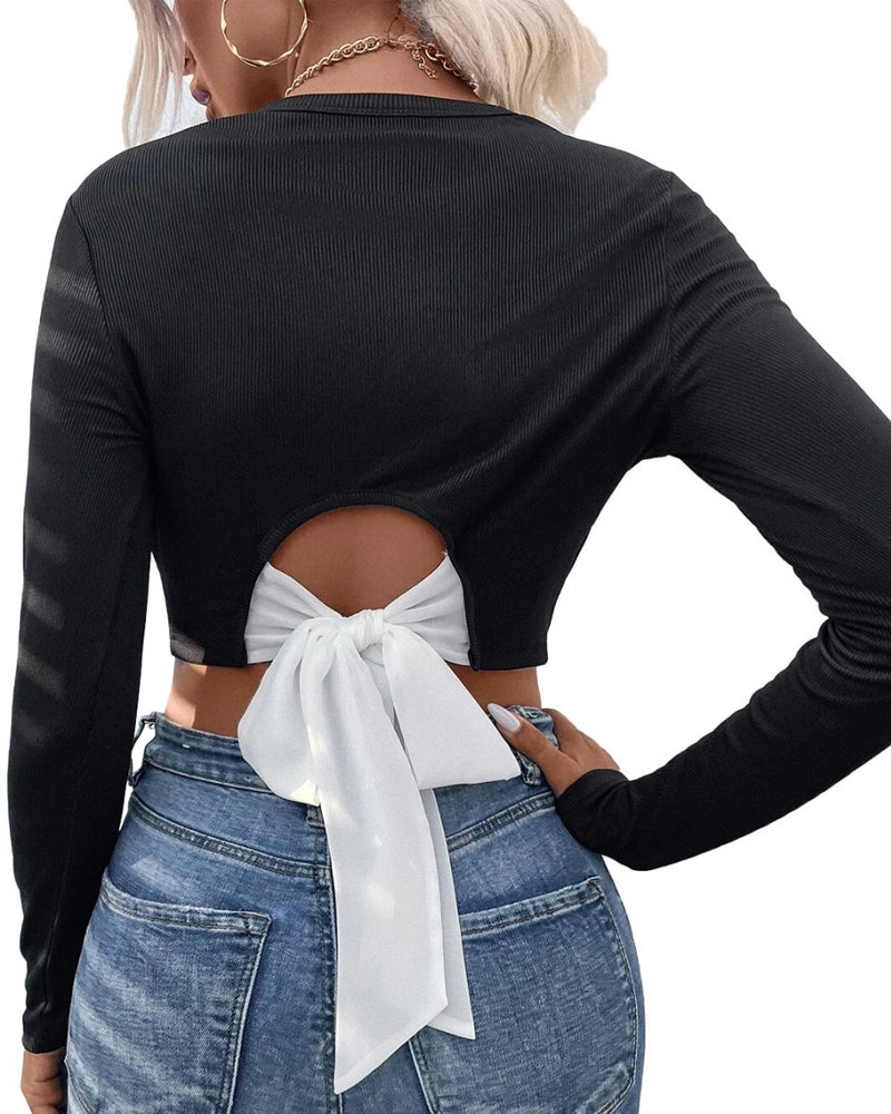 Back Bow Round Neck Pullover Slim Fit Long Sleeve Top