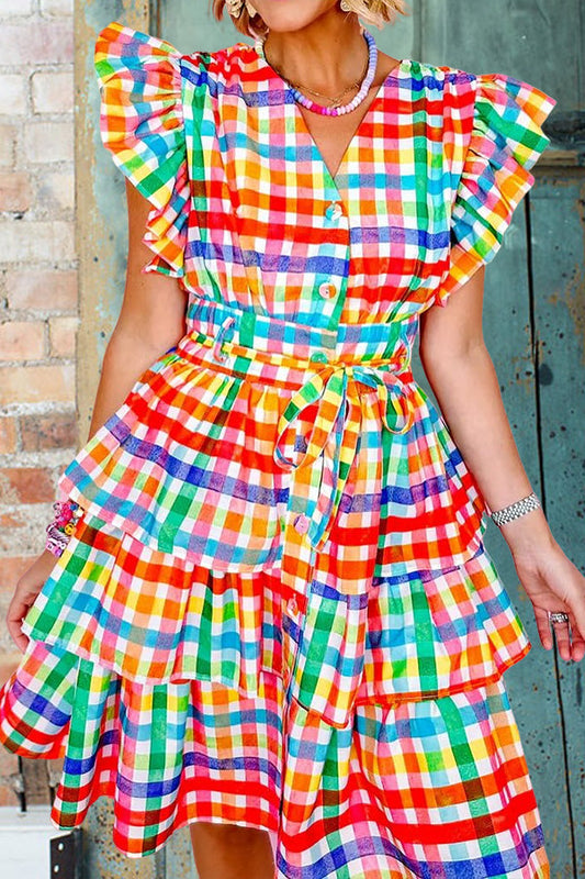 Colorful Plaid Flying Sleeves Multi-Layer Ruffle Mini Dress