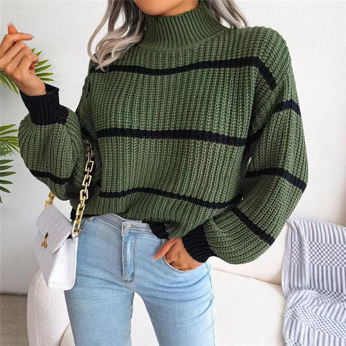 Vintage Loose Striped Turtleneck Sweater