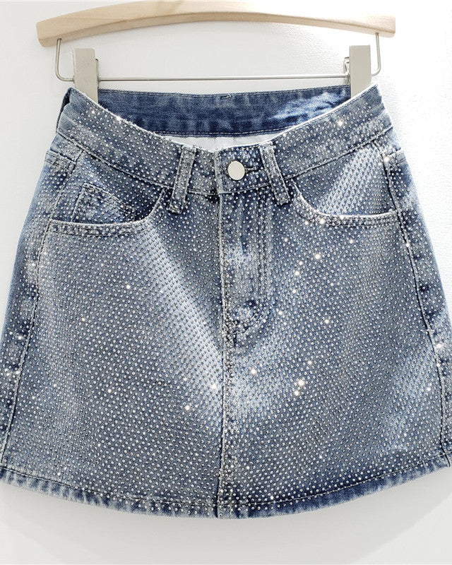 Hot Rhinestoned Denim Hip-Hugging Short Skirt