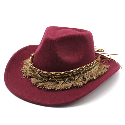 Unisex Fall Vintage Western Cowboy Woolen Tassel Sun Protection Wide Brim Hat