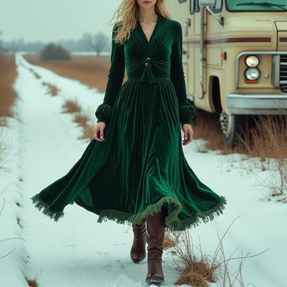 Women's Vintage Western Style Velvet Long Sleeve Dress