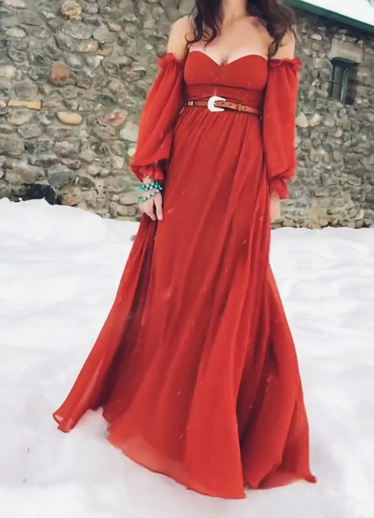 Off-the-shoulder Long-sleeve Flowy Dress