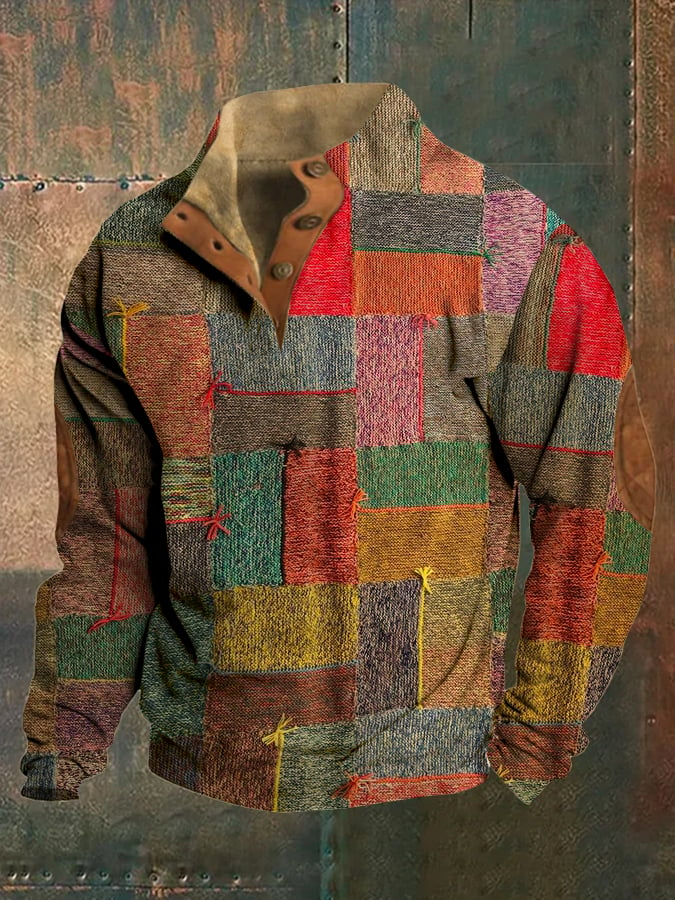 Men's Western Color Block Art Print Stand Collar Button Sweatshirt